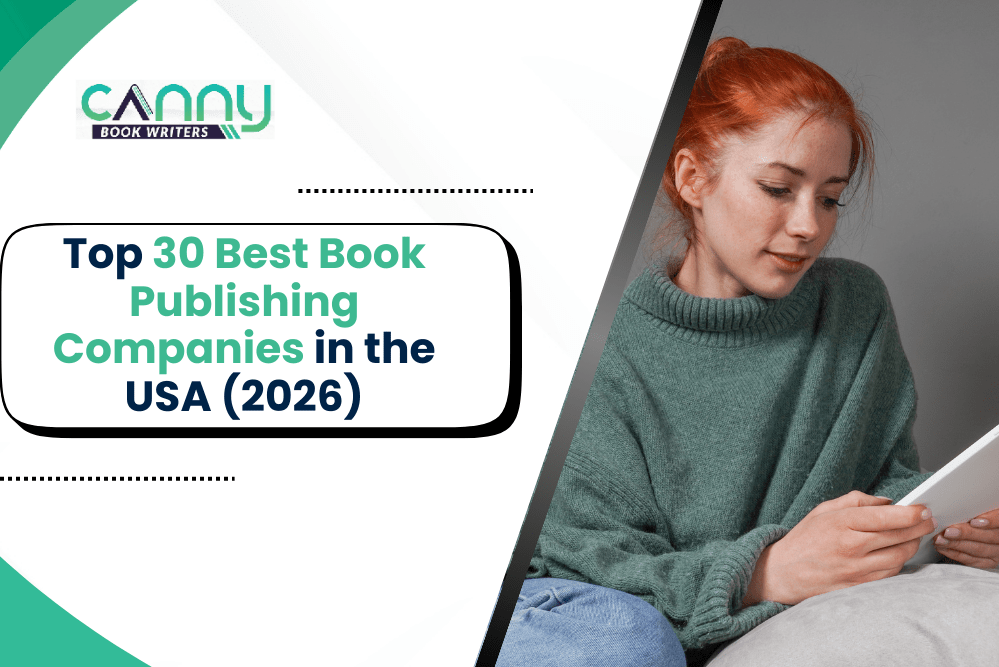 Top 30 best book publishing companies in the USA 2026 featured by Canny Book Writers with an author reading a book